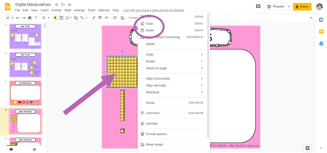Screenshot depicting how to copy and paste in Google Slides file