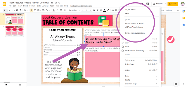 Screenshot depicting how to correct errors in Google Slides file