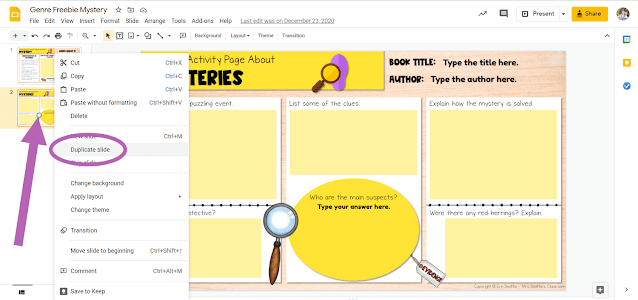 Screenshot depicting how to duplicate a slide in Google Slides file