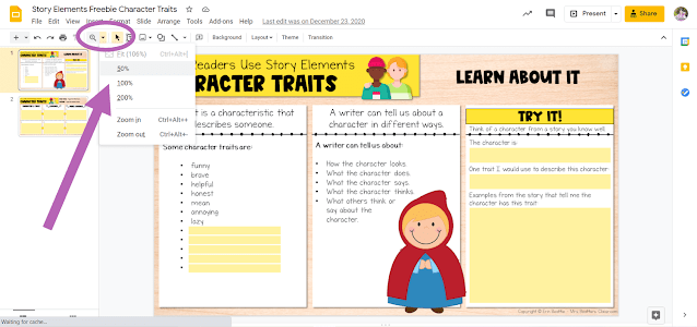 Screenshot depicting how to magnify the page in Google Slides file