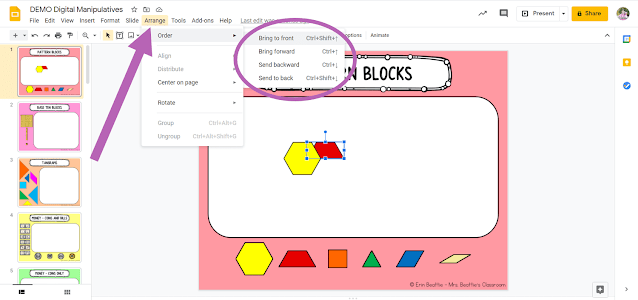 Screenshot depicting how to change order of objects in Google Slides file