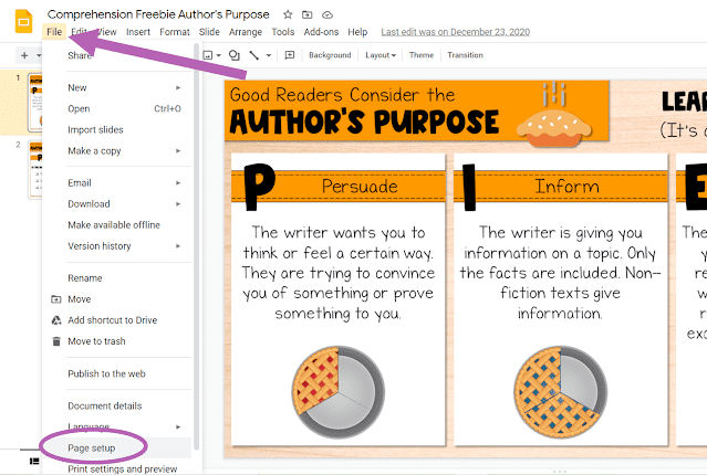 Screenshot depicting how to change page setup in Google Slides file