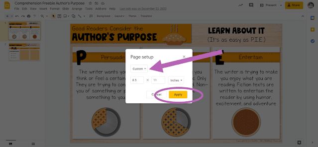 Screenshot depicting how to change page setup in Google Slides file