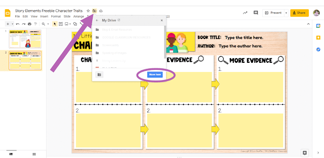 Screenshot depicting how to move a Google Slides file within Google Drive