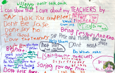 Anchor chart that shows student brainstorming about how they can show they care about their teachers.