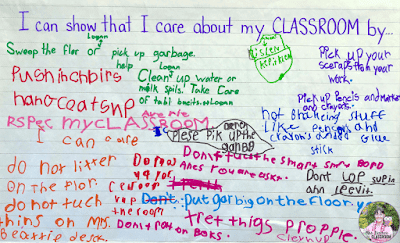 Anchor chart that shows student brainstorming about how they can show they care about their classroom.