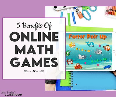 Photo of math game on iPad with text, "5 Benefits of Online Math Games in the Classroom"