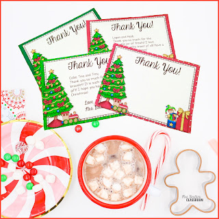 Christmas thank-you cards on a table with Christmas treats