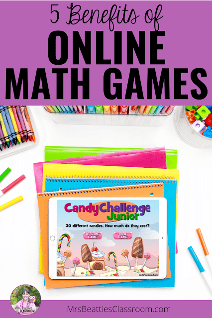 Photo of math game on iPad with school supplies and text, "5 Benefits of Online Math Games"