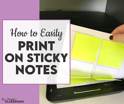 Photo of page with stickies in printer output tray with text, "How to Easily Print on Sticky Notes"