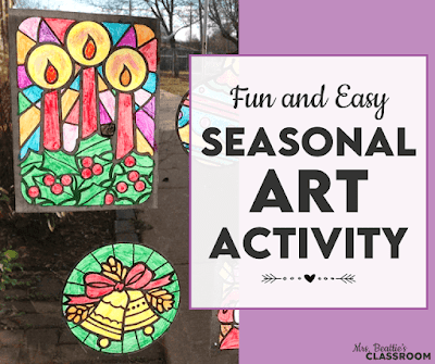 Photo of stained glass coloring pages with text, "Fun and Easy Seasonal Art Activity"
