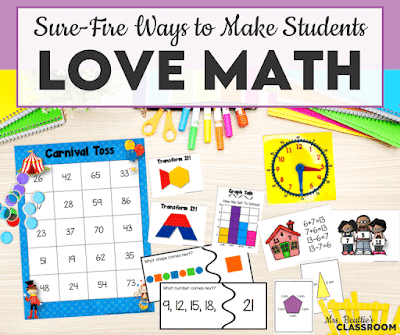 Photo of math centers on wooden desk with school supplies and text, "Sure-Fire Ways to Make Primary Students Love Math"