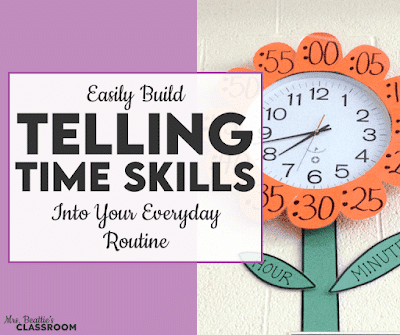 Photo of clock with petals of a flower and text, "Easily Build Telling Time Into Your Everyday Routine"