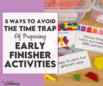 Photo of math morning work activities and manipulatives with text, "5 Ways to Avoid the Time Trap of Preparing Daily Early Finisher Activities."