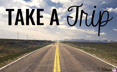 Photo of empty road with text, "Take a trip."