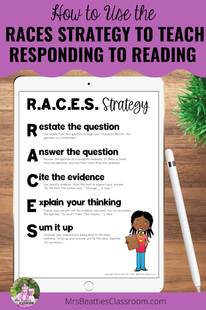 Photo of RACES poster displayed on iPad with text, "How to Use the RACES Strategy to Teach Responding to Reading"