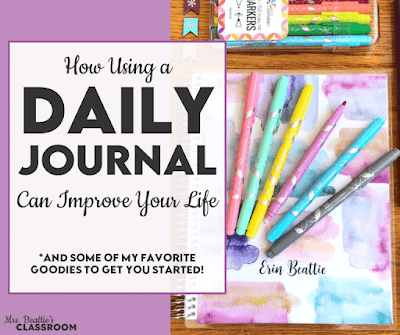 Journal Supplies with text, "How Using a Daily Journal Can Improve Your Life."