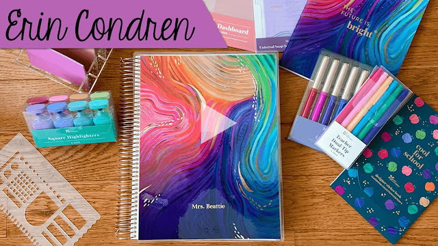 Thumbnail for the Erin Condren teacher planner walkthrough video showing the planner and accessories on a wooden surface.
