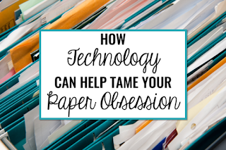 Filing cabinet full of papers that says, "How Technology Can Help Tame Your Paper Obsession."
