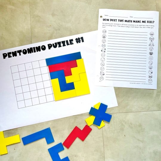 Photo of pentomino puzzle and reflection worksheet