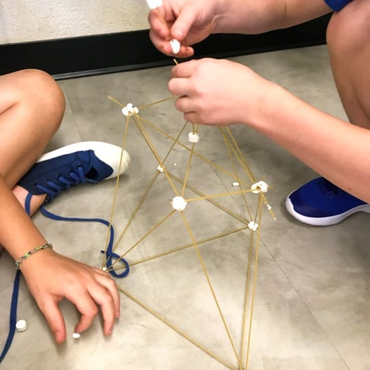 Students using spaghetti sticks and mini marshmallows to build a structure