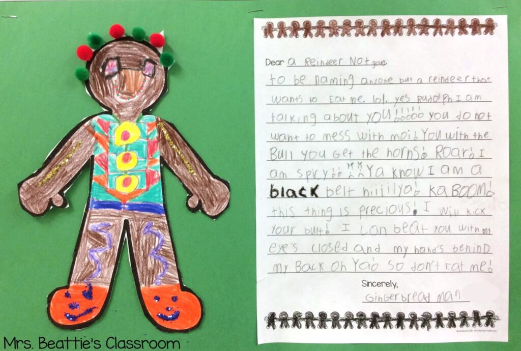 Example of the finished Gingerbread Persuasive Writing activity with decorated gingerbread man.