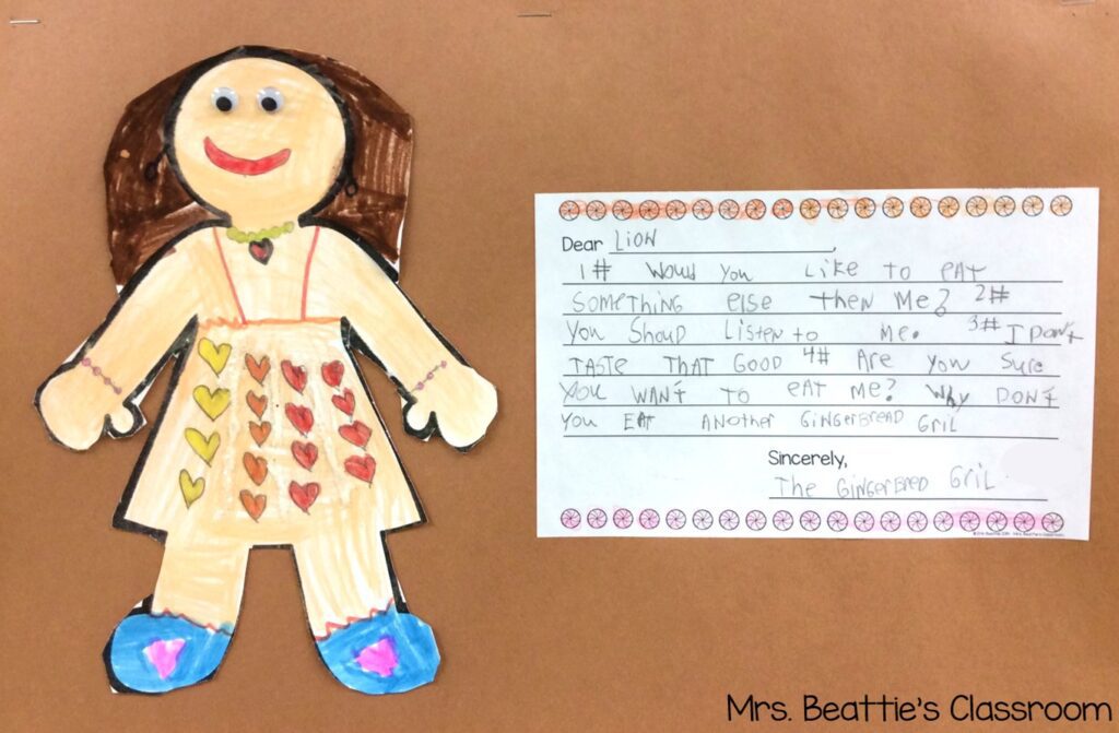 Example of the finished Gingerbread Persuasive Writing activity with decorated gingerbread girl.