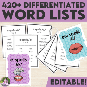 Phonics Word Lists for Spelling and Word Work Activities and Word Wall