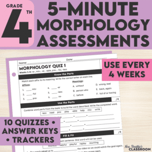Grade 4 morphology quiz assessments for prefixes suffixes and roots